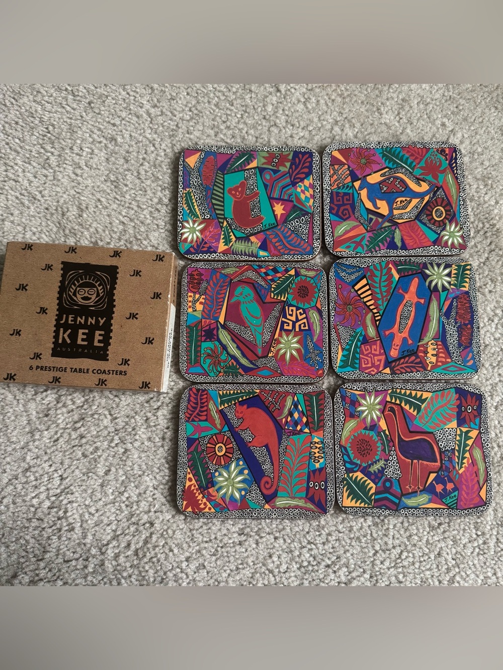 Vintage Jenny Kee Set Of 6 Coasters Cork Back Colorful Abstract Animals Oz Fauna